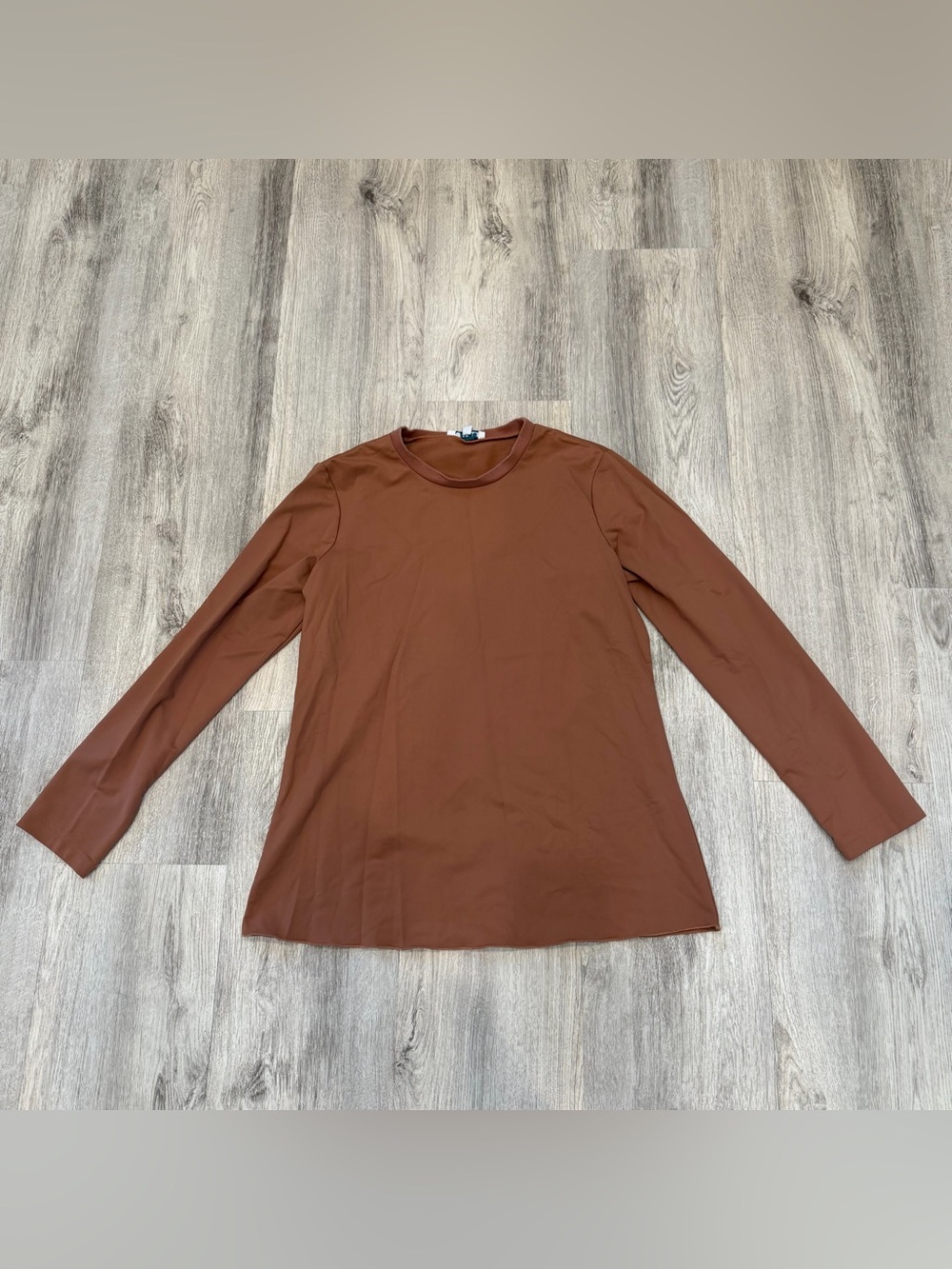 Bollie Brown Long Sleeve Stretch Top Large Minimalist Crew Neck